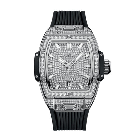 Hublot Spirit of Big Bang Steel Full Pavé 32mm-Hublot Spirit of Big Bang Steel Full Pavé - 682.SX.9000.RX.1604 - Hublot Spirit of Big Bang Steel Full Pavé in a 32mm stainless steel diamond case with diamond dial on rubber strap, featuring a date display and automatic movement with approximately 40 hours power reserve.