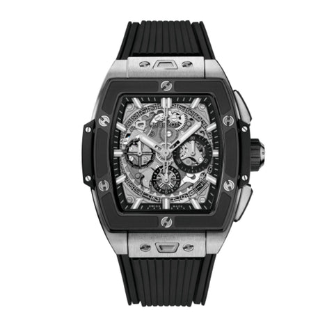 Hublot Spirit of Big Bang Titanium Ceramic - 642.NM.0170.RX - Hublot Spirit of Big Bang Titanium Ceramic in a 42mm titanium and black ceramic case with skeleton dial on black structured lined rubber strap, featuring a chronograph function and self-winding movement with up to 50 hours power reserve.