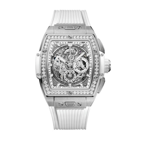 Hublot Spirit of Big Bang Titanium White Diamonds - 642.NE.2010.RW.1204 - Hublot  Spirit of Big Bang Titanium White Diamonds in a 42mm titanium case with skeleton dial on white structured lined rubber strap, featuring a chronograph function, date display and automatic movement with up to 50 hours of power reserve.