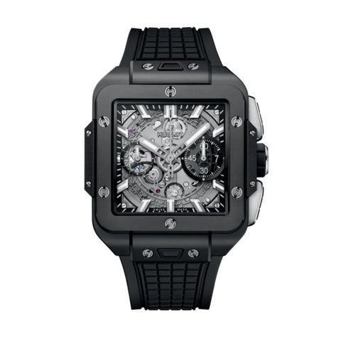 Hublot Square Bang Unico Black Magic 42mm-Hublot Square Bang Unico Black Magic - 821.CI.0170.RX - Hublot Square Bang Unico Black Magic in a 42mm microblasted polished black ceramic case with skeleton dial on black rubber strap, featuring a chronograph function and automatic movement with approximately 72 hours power reserve.
