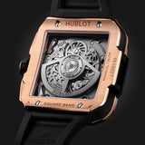 Hublot Square Bang Unico King Gold Diamonds 42mm-Hublot Square Bang Unico King Gold Diamonds - 821.OX.0180.RX.1204 - Hublot Square Bang Unico King Gold Diamonds in a 42mm 18k King Gold diamond bezel case with skeleton dial on rubber strap, featuring a flyback chronograph function and automatic movement with approximately 72 hours power reserve.