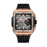 Hublot Square Bang Unico King Gold Diamonds 42mm-Hublot Square Bang Unico King Gold Diamonds - 821.OX.0180.RX.1204 - Hublot Square Bang Unico King Gold Diamonds in a 42mm 18k King Gold diamond bezel case with skeleton dial on rubber strap, featuring a flyback chronograph function and automatic movement with approximately 72 hours power reserve.
