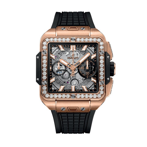 Hublot Square Bang Unico King Gold Diamonds 42mm-Hublot Square Bang Unico King Gold Diamonds - 821.OX.0180.RX.1204 - Hublot Square Bang Unico King Gold Diamonds in a 42mm 18k King Gold diamond bezel case with skeleton dial on rubber strap, featuring a flyback chronograph function and automatic movement with approximately 72 hours power reserve.