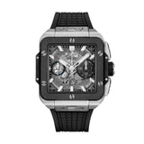 Hublot Square Bang Unico Titanium Ceramic 42mm - 821.NM.0170.RX - Hublot Square Bang Unico Titanium in a 42mm titanium and black ceramic case with skeleton dial on black rubber strap, featuring a chronograph function and automatic movement with approximately 72 hours power reserve.