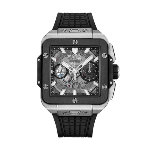Hublot Square Bang Unico Titanium Ceramic 42mm - 821.NM.0170.RX - Hublot Square Bang Unico Titanium in a 42mm titanium and black ceramic case with skeleton dial on black rubber strap, featuring a chronograph function and automatic movement with approximately 72 hours power reserve.