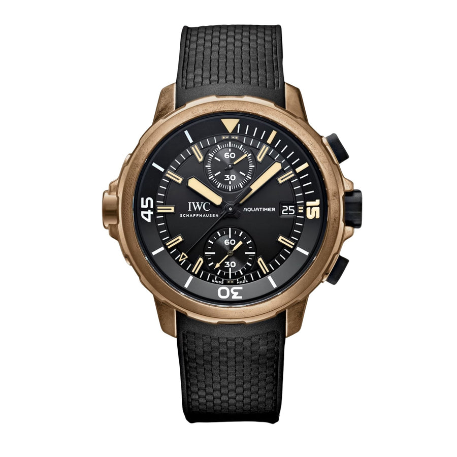 IWC Schaffhausen Aquatimer Chronograph Edition "Expedition Charles Darwin" in a 44mm bronze case with black dial on black rubber quick release strap, featuring a chronograph function, date display, automatic movement.