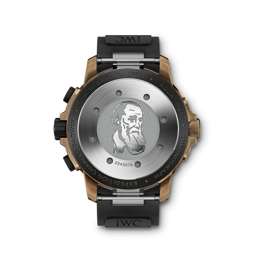 IWC Schaffhausen Aquatimer Chronograph Edition "Expedition Charles Darwin" in a 44mm bronze case with black dial on black rubber quick release strap, featuring a chronograph function, date display, automatic movement.