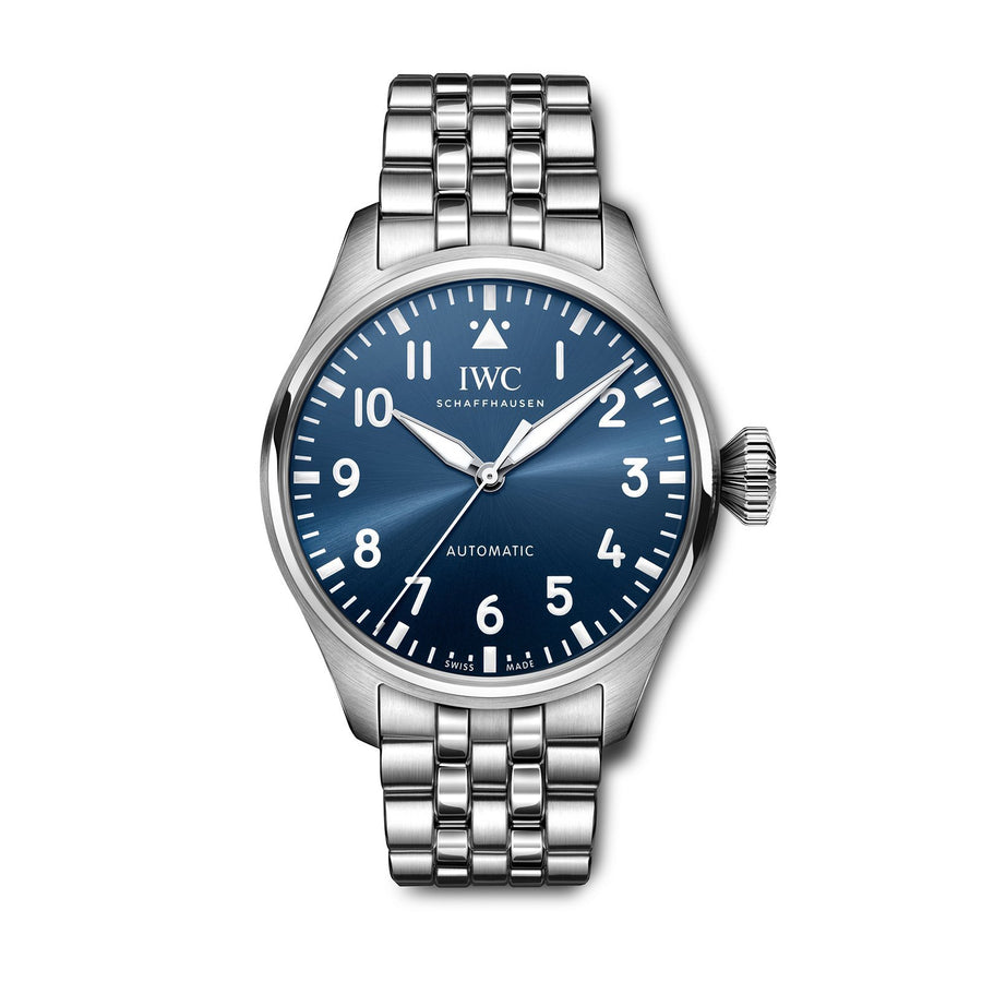 IWC Schaffhausen Pilot's Watch in a 43mm stainless case with blue dial on stainless steel bracelet, featuring an automatic movement with up to 60 hours power reserve.