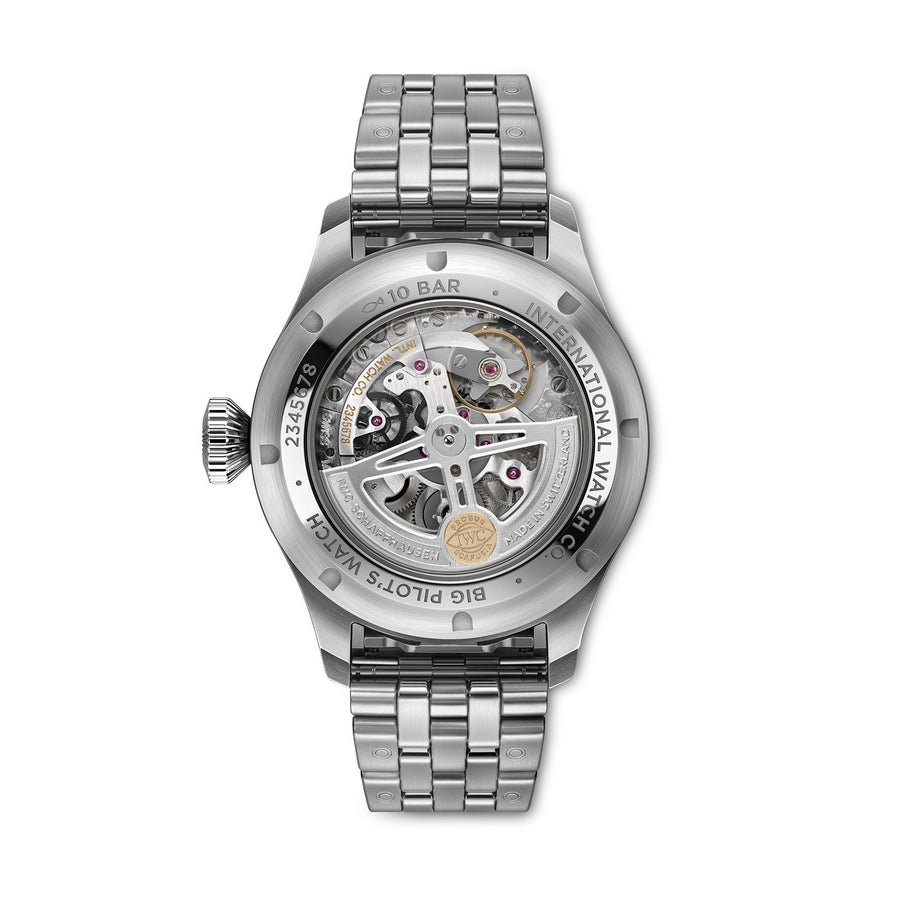 IWC Schaffhausen Big Pilot's Watch 43 - IWC Schaffhausen Pilot's Watch in a 43mm stainless case with blue dial on stainless steel bracelet, featuring an automatic movement with up to 60 hours power reserve.