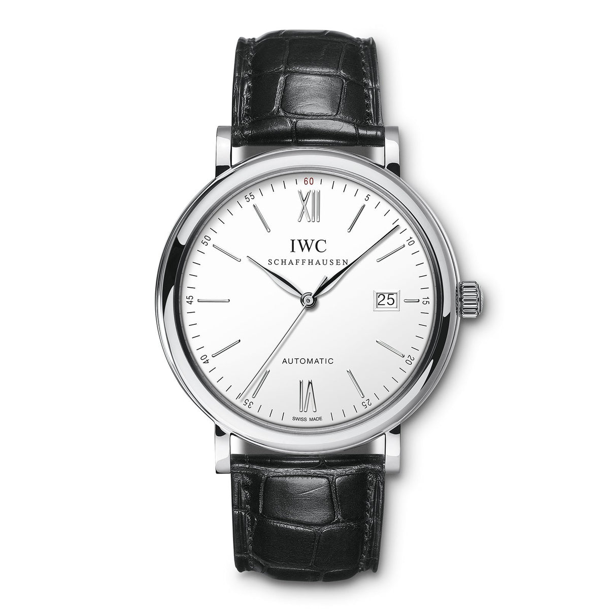 IWC Schaffhausen Portofino Automatic in a 40mm stainless steel case with silver dial on leather strap, featuring a date display and automatic movement.
