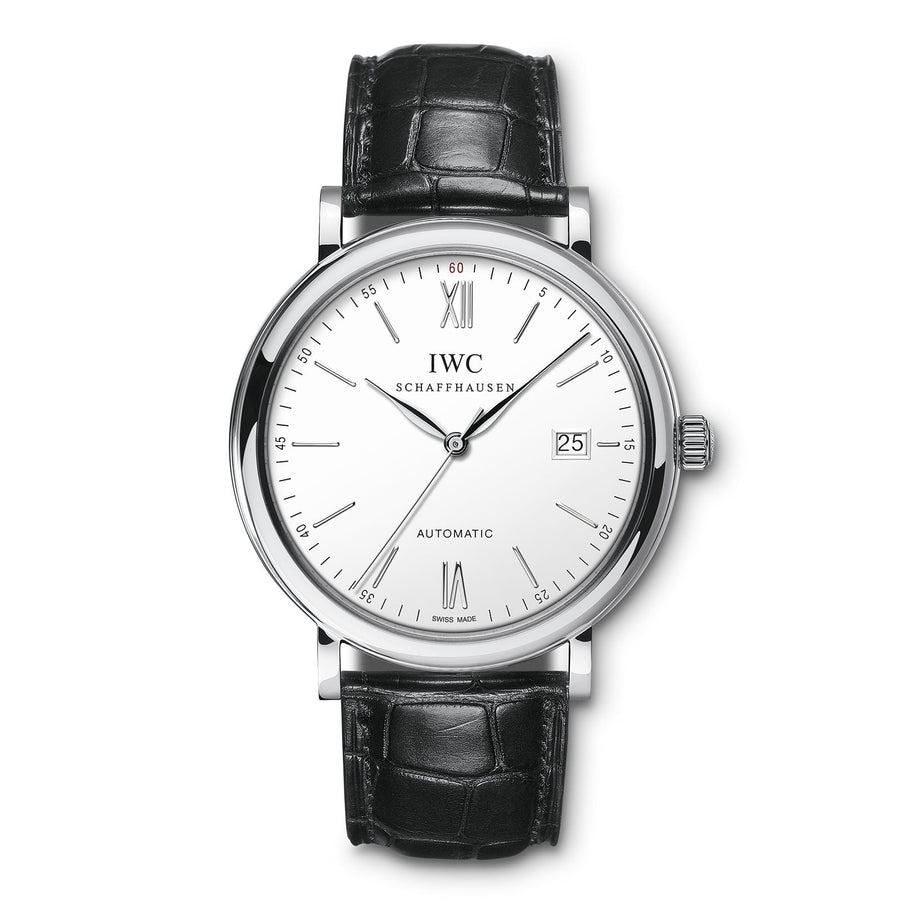 IWC Schaffhausen Portofino Automatic in a 40mm stainless steel case with silver dial on leather strap, featuring a date display and automatic movement.
