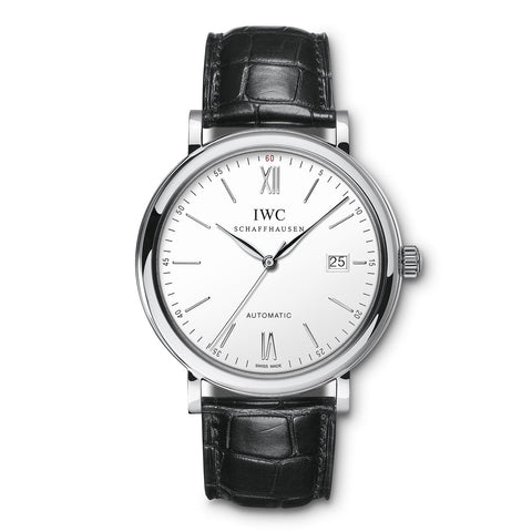 IWC Schaffhausen Portofino Automatic 40-IWC Schaffhausen Portofino Automatic in a 40mm stainless steel case with silver dial on leather strap, featuring a date display and automatic movement.