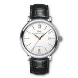 IWC Schaffhausen Portofino Automatic-IWC Schaffhausen Portofino Automatic in a 40mm stainless steel case with silver dial on leather strap, featuring a date display and automatic movement.
