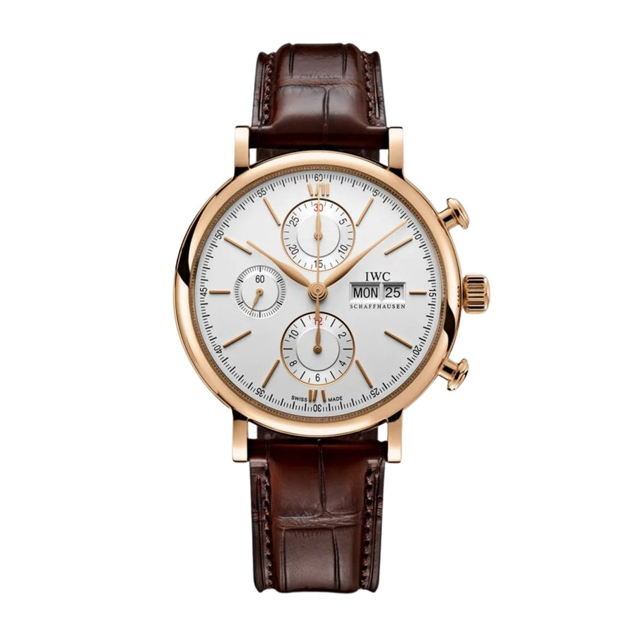IWC Schaffhausen Portofino Chronograph 42 in rose gold with silver dial on leather strap featuring a chronograph function, day date display and automatic movement.