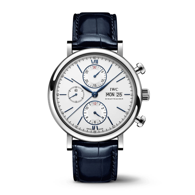 IWC Schaffhausen Portofino Chronograph 42-IWC Schaffhausen Portofino Chronograph 42 in stainless steel with silver dial on leather strap, featuring a chronograph function, day date display and automatic movement.