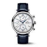 IWC Schaffhausen Portofino Chronograph 42-IWC Schaffhausen Portofino Chronograph 42 in stainless steel with silver dial on leather strap, featuring a chronograph function, day date display and automatic movement.
