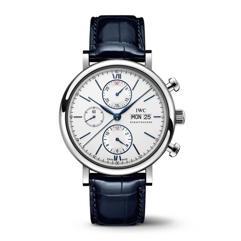 IWC Schaffhausen Portofino Chronograph 42-IWC Schaffhausen Portofino Chronograph 42 in stainless steel with silver dial on leather strap, featuring a chronograph function, day date display and automatic movement.