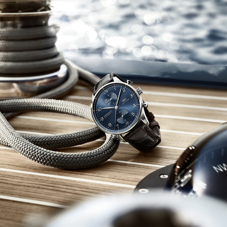 IWC Schaffhausen Portugieser Chronograph 41 in stainless steel with blue dial on leather strap, featuring a chronograph function and automatic movement.