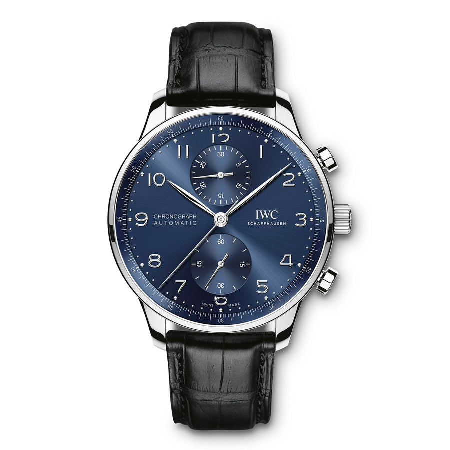IWC Schaffhausen Portugieser Chronograph 41 in stainless steel with blue dial on leather strap, featuring a chronograph function and automatic movement.