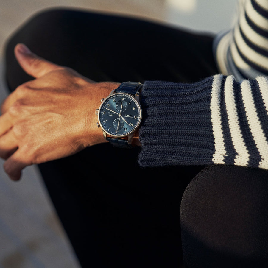IWC Schaffhausen Portugieser Chronograph 41 in stainless steel with blue dial on leather strap, featuring a chronograph function and automatic movement.