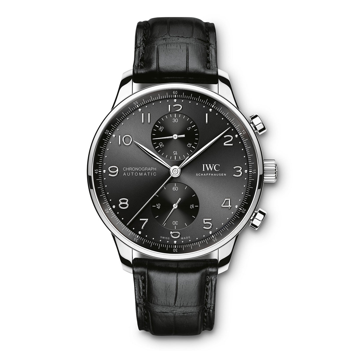 IWC Schaffhausen Portugieser Chronograph 41 in stainless steel with black dial on leather strap, featuring a chronograph function and automatic movement.