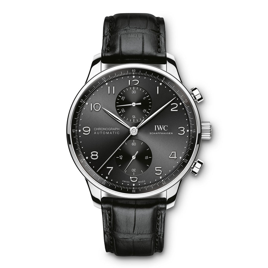 IWC Schaffhausen Portugieser Chronograph 41 in stainless steel with black dial on leather strap, featuring a chronograph function and automatic movement.