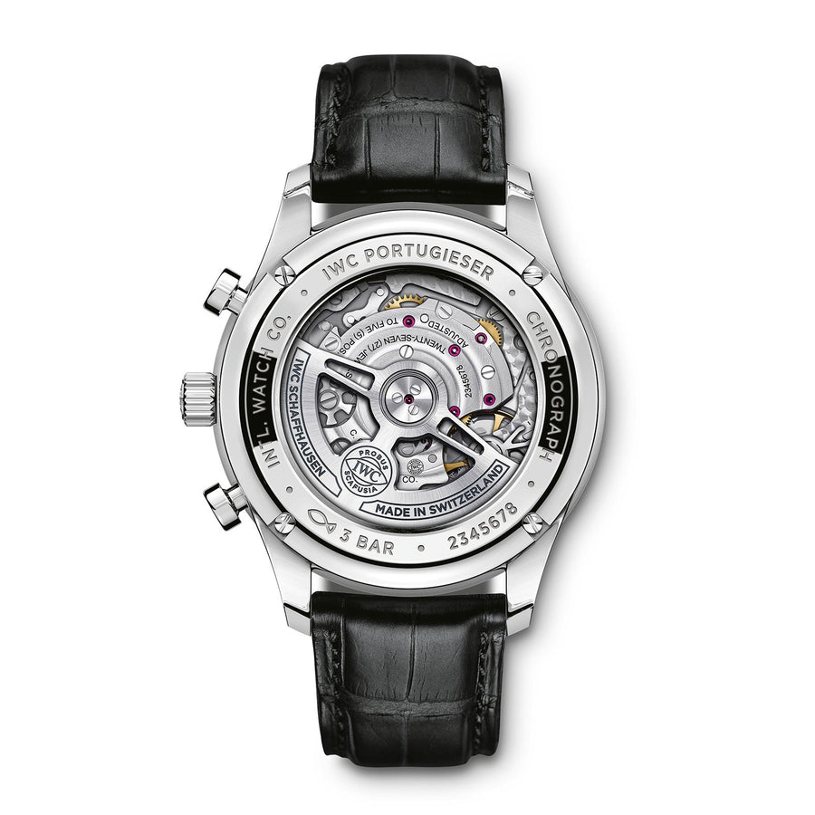 IWC Schaffhausen Portugieser Chronograph 41 in stainless steel with black dial on leather strap, featuring a chronograph function and automatic movement.