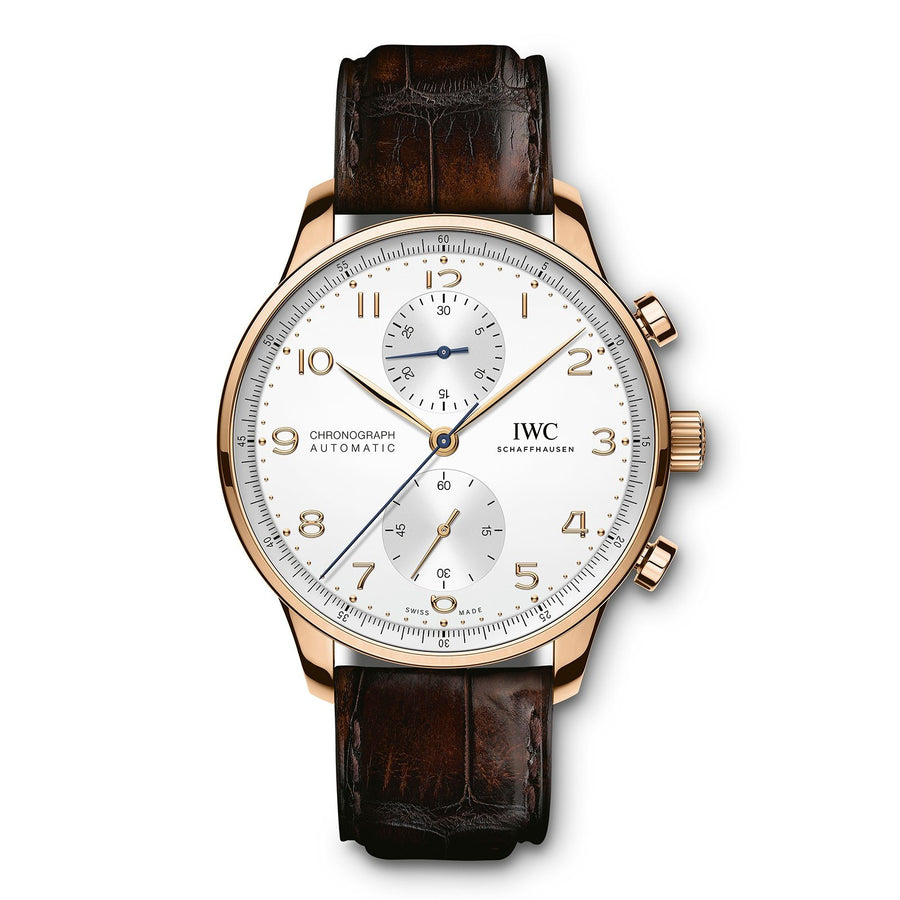 IWC Schaffhausen Portugieser Chronograph 41 in rose gold with silver dial on leather strap, featuring a chronograph function and automatic movement.