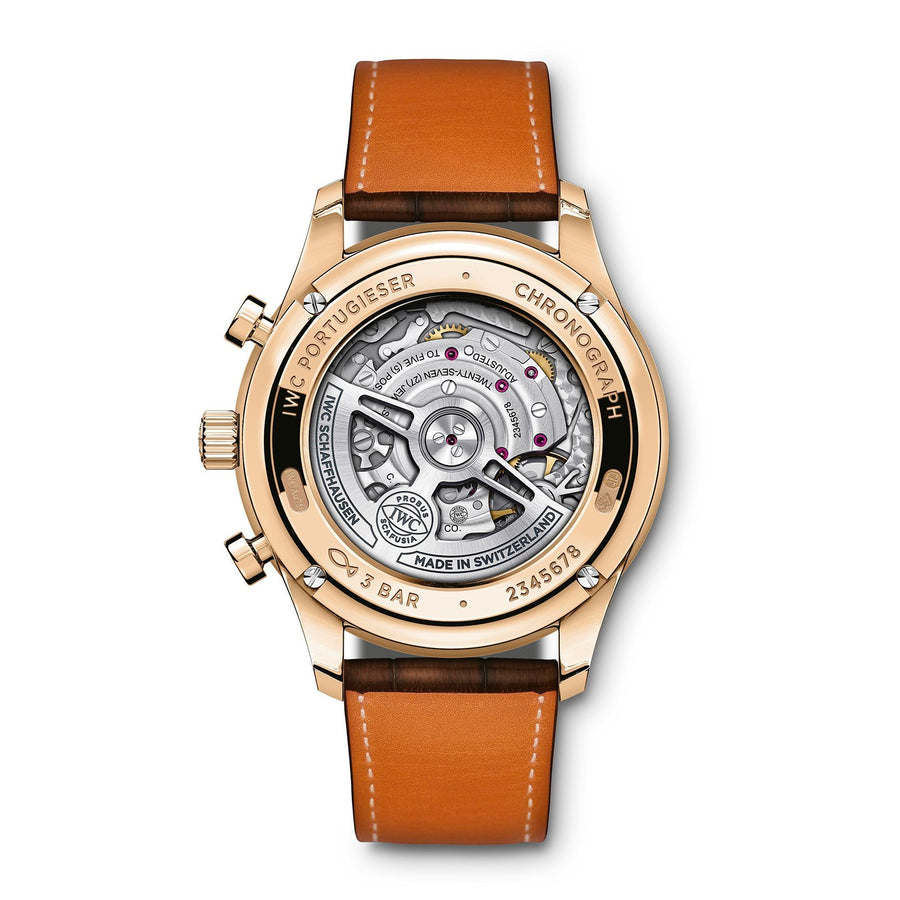 IWC Schaffhausen Portugieser Chronograph 41 in rose gold with silver dial on leather strap, featuring a chronograph function and automatic movement.