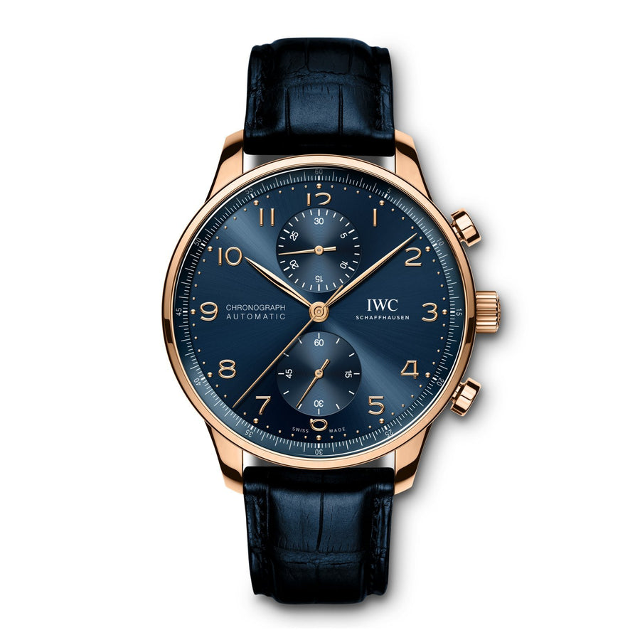 IWC Schaffhausen Portugieser Chronograph 41 in rose gold with blue dial on leather strap, featuring a chronograph function and automatic movement.