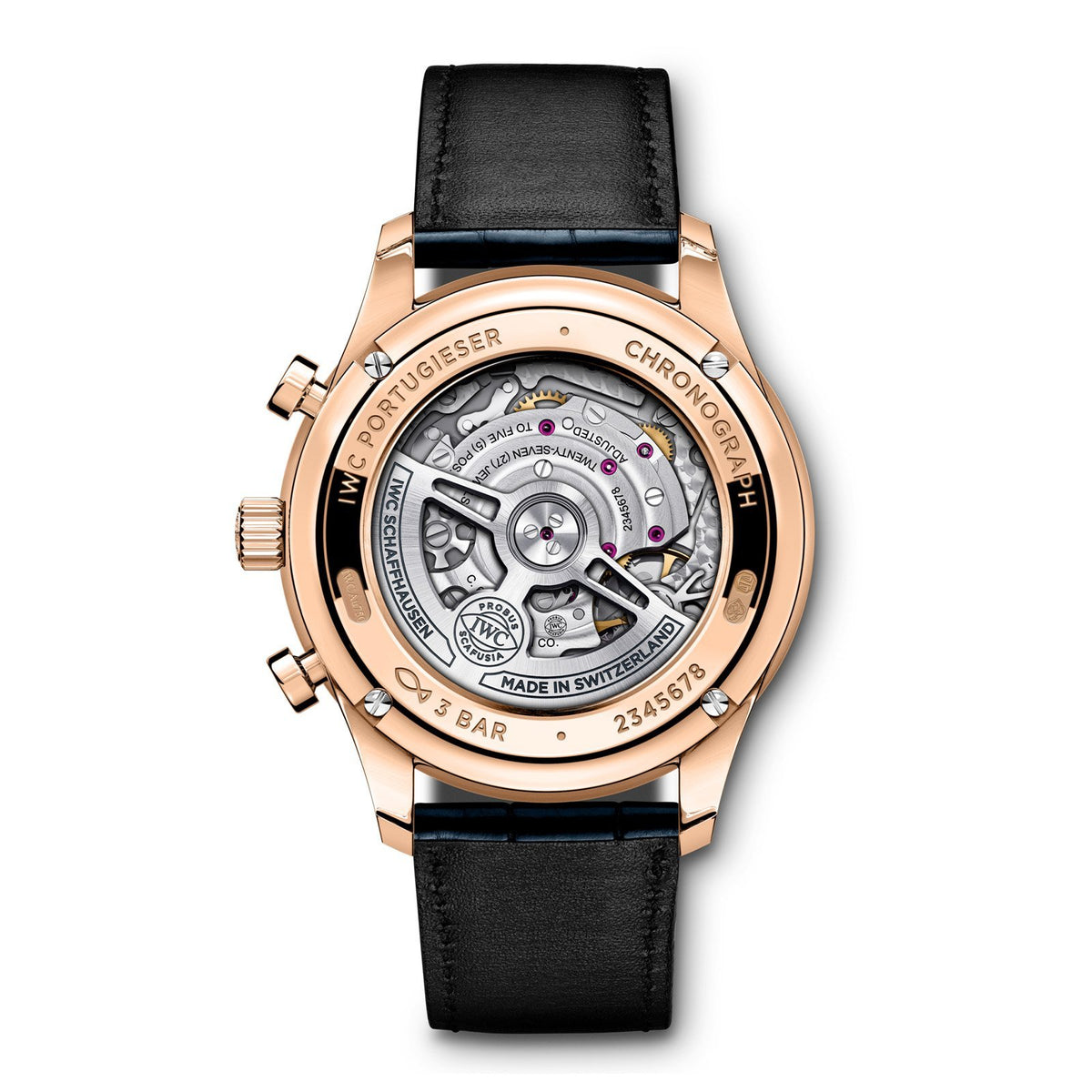 IWC Schaffhausen Portugieser Chronograph 41 in rose gold with blue dial on leather strap, featuring a chronograph function and automatic movement.