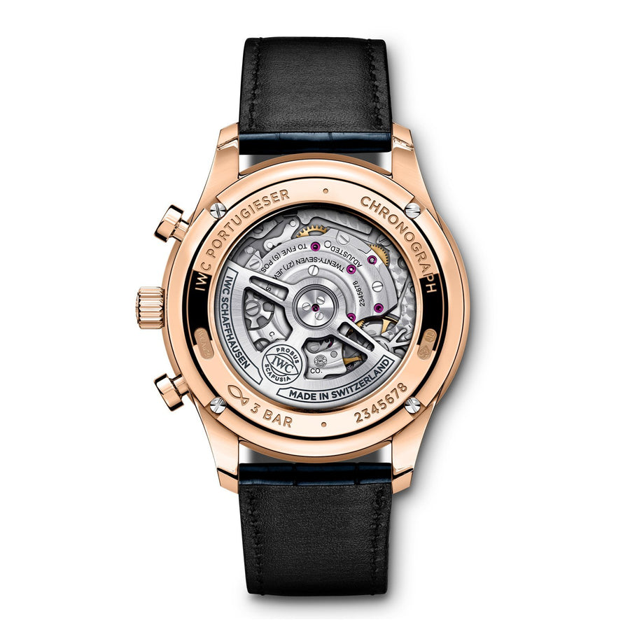 IWC Schaffhausen Portugieser Chronograph 41 in rose gold with blue dial on leather strap, featuring a chronograph function and automatic movement.