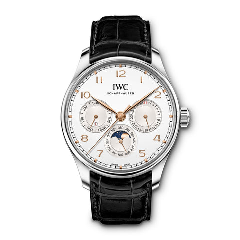IWC Schaffhausen Portugieser Perpetual Calendar 42-IWC Schaffhausen Portugieser Perpetual Calendar in a 42mm stainless steel case with silver dial on leather strap, featuring a perpetual calendar complication, moon phase and automatic movement.