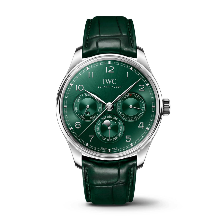 IWC Schaffhausen Portugieser Perpetual Calendar 42 - IW344207 - IWC Schaffhausen Portugieser Perpetual Calendar in a 42.4mm stainless steel case with green dial on leather strap, featuring a perpetual calendar complication, moon phase and automatic movement.