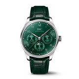 IWC Schaffhausen Portugieser Perpetual Calendar 42-IWC Schaffhausen Portugieser Perpetual Calendar 42 - IW344207 - IWC Schaffhausen Portugieser Perpetual Calendar in a 42.4mm stainless steel case with green dial on leather strap, featuring a perpetual calendar complication, moon phase and automatic movement.
