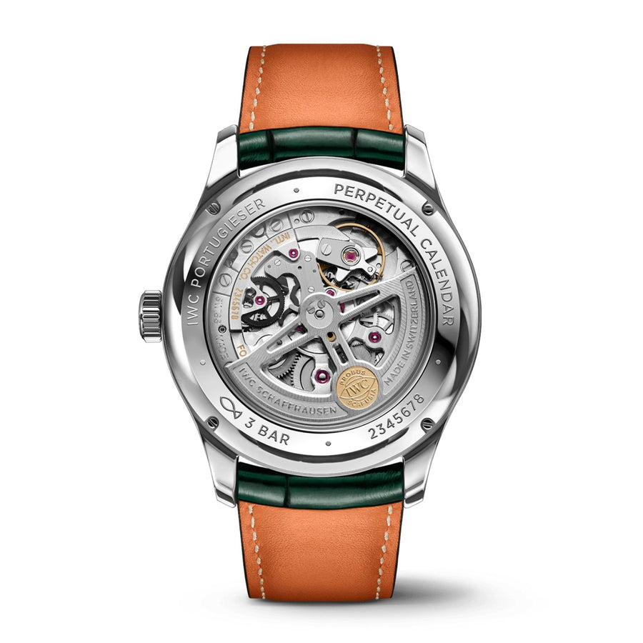IWC Schaffhausen Portugieser Perpetual Calendar 42 - IW344207 - IWC Schaffhausen Portugieser Perpetual Calendar in a 42.4mm stainless steel case with green dial on leather strap, featuring a perpetual calendar complication, moon phase and automatic movement.
