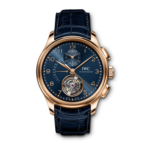 IWC Schaffhausen Portugieser Tourbillon Retrograde Chronograph Boutique Edition in 43.5mm 18 karat Armor Gold® case with blue dial on Santoni leather strap, featuring a tourbillon, chronograph function, retrograde date, and automatic self-winding movmenet. Limited to 50 pieces.