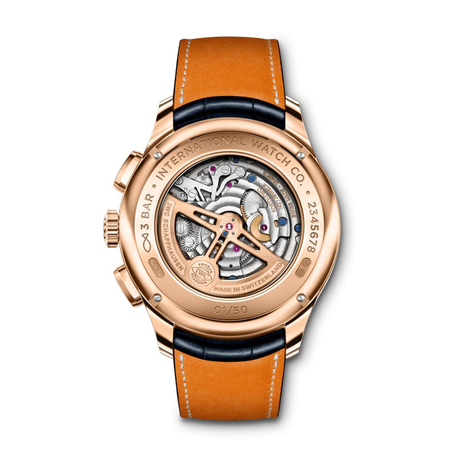 IWC Schaffhausen Portugieser Tourbillon Retrograde Chronograph Boutique Edition in 43.5mm 18 karat Armor Gold® case with blue dial on Santoni leather strap, featuring a tourbillon, chronograph function, retrograde date, and automatic self-winding movmenet. Limited to 50 pieces.