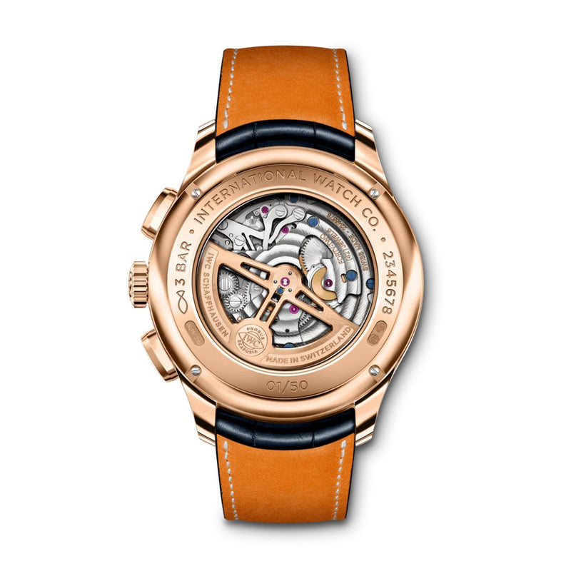 IWC Schaffhausen Portugieser Tourbillon Retrograde Chronograph Boutique Edition-IWC Schaffhausen Portugieser Tourbillon Retrograde Chronograph Boutique Edition in 43.5mm 18 karat Armor Gold® case with blue dial on Santoni leather strap, featuring a tourbillon, chronograph function, retrograde date, and automatic self-winding movmenet. Limited to 50 pieces.