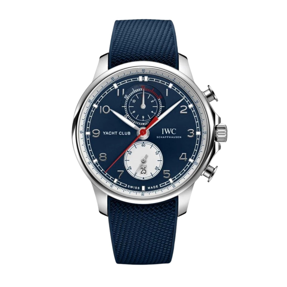 IWC Schffhausen Portugieser Yacht Club Chronograph Edition "Orlebar Brown" in a 44mm stainless steel case with blue dial on rubber strap, featuring a chronograph function, date display and automatic movement with up to 68 hours power reserve.