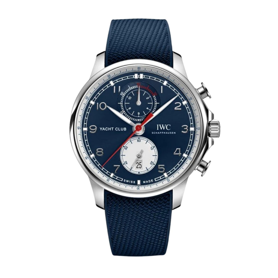 IWC Schffhausen Portugieser Yacht Club Chronograph Edition "Orlebar Brown" in a 44mm stainless steel case with blue dial on rubber strap, featuring a chronograph function, date display and automatic movement with up to 68 hours power reserve.