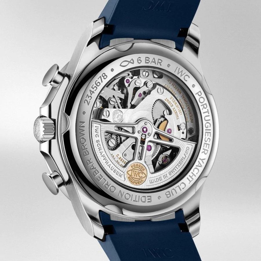 IWC Schffhausen Portugieser Yacht Club Chronograph Edition "Orlebar Brown" in a 44mm stainless steel case with blue dial on rubber strap, featuring a chronograph function, date display and automatic movement with up to 68 hours power reserve.