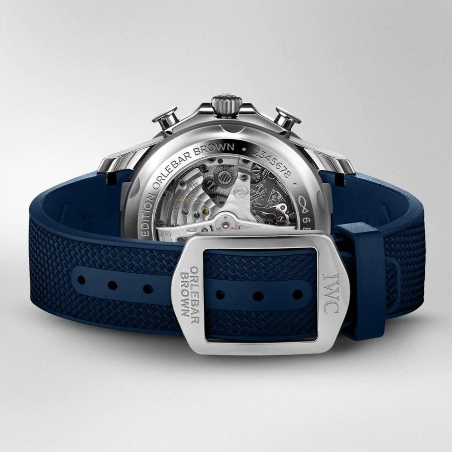 IWC Schffhausen Portugieser Yacht Club Chronograph Edition "Orlebar Brown" in a 44mm stainless steel case with blue dial on rubber strap, featuring a chronograph function, date display and automatic movement with up to 68 hours power reserve.