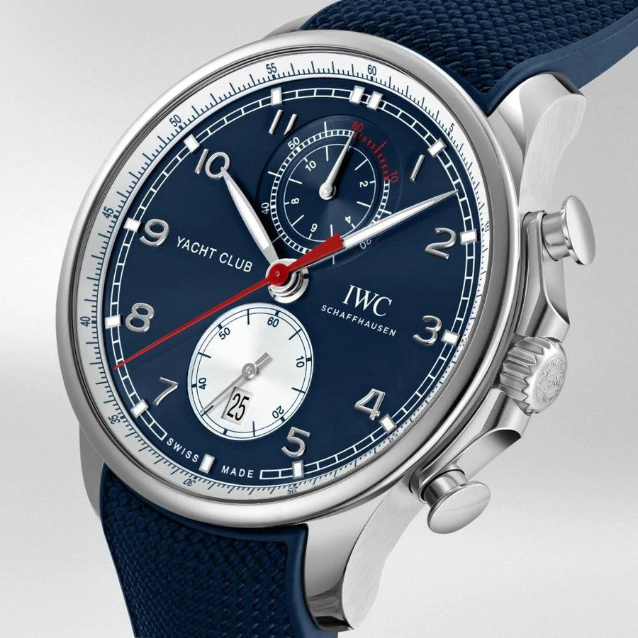 IWC Schffhausen Portugieser Yacht Club Chronograph Edition "Orlebar Brown" in a 44mm stainless steel case with blue dial on rubber strap, featuring a chronograph function, date display and automatic movement with up to 68 hours power reserve.