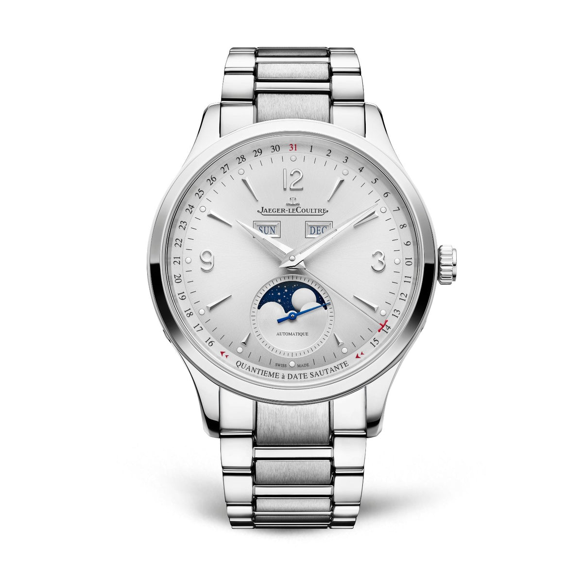 Jaeger-LeCoultre Master Control Calendar in a 40mm stainless steel case with silver dial on stainless steel bracelet, featuring a complete calendar, moon phase, and automatic movement.