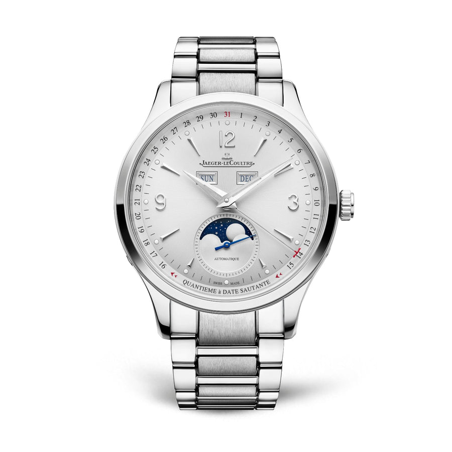 Jaeger-LeCoultre Master Control Calendar in a 40mm stainless steel case with silver dial on stainless steel bracelet, featuring a complete calendar, moon phase, and automatic movement.