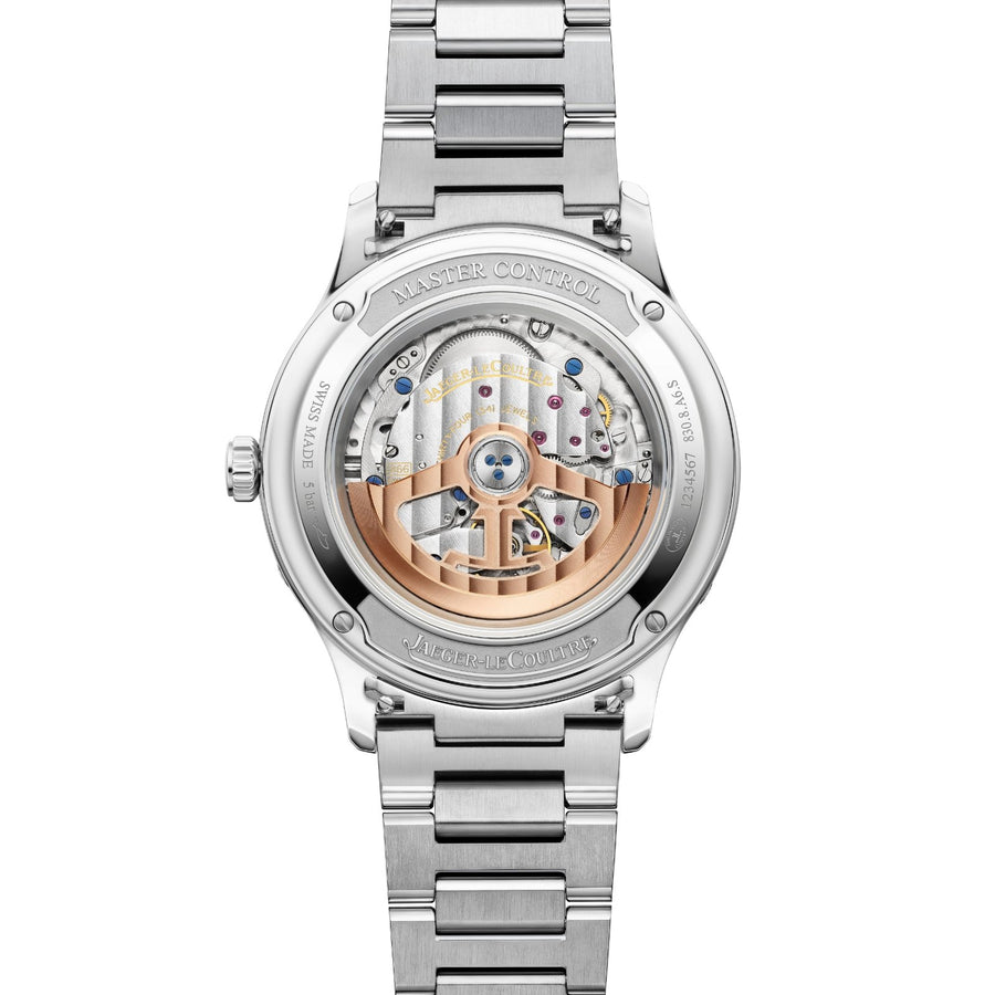 Jaeger-LeCoultre Master Control Calendar in a 40mm stainless steel case with silver dial on stainless steel bracelet, featuring a complete calendar, moon phase, and automatic movement.
