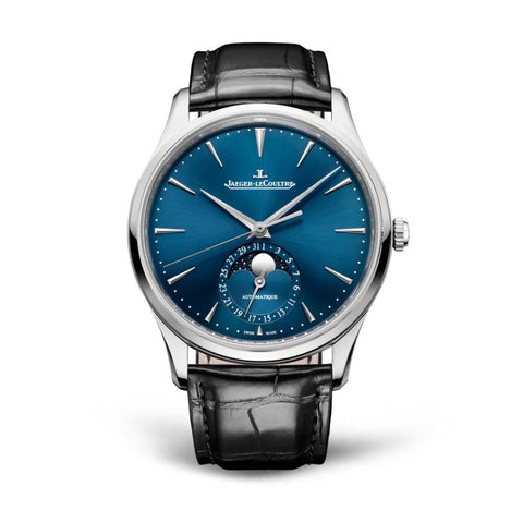Jaeger-LeCoultre Master Ultra Thin Moon-Jaeger-LeCoultre Master Ultra Thin Moon in a 39mm stainless steel case with blue dial on leather strap, featuring a moon phase, date display and automatic movement with up to 70 hours of power reserve.