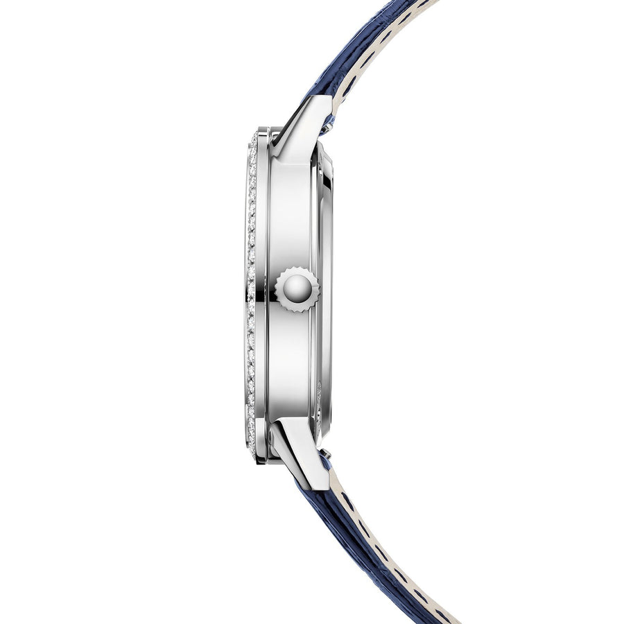Jaeger-LeCoultre Rendez-Vous Moon Medium in a 34mm stainless steel diamond bezel case with silver guilloché dial on leather strap, featuring a moon phase display and automatic movement with up to 40 hours of power reserve.