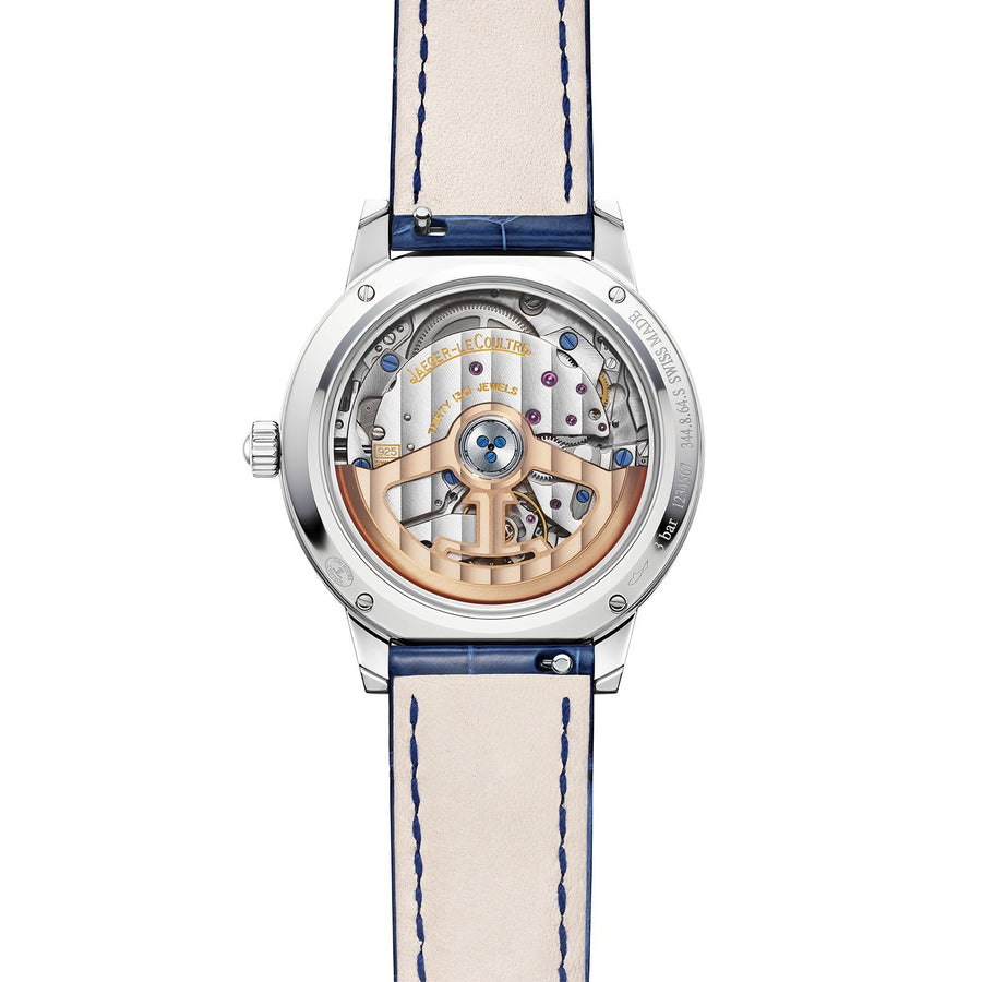 Jaeger-LeCoultre Rendez-Vous Moon Medium in a 34mm stainless steel diamond bezel case with silver guilloché dial on leather strap, featuring a moon phase display and automatic movement with up to 40 hours of power reserve.